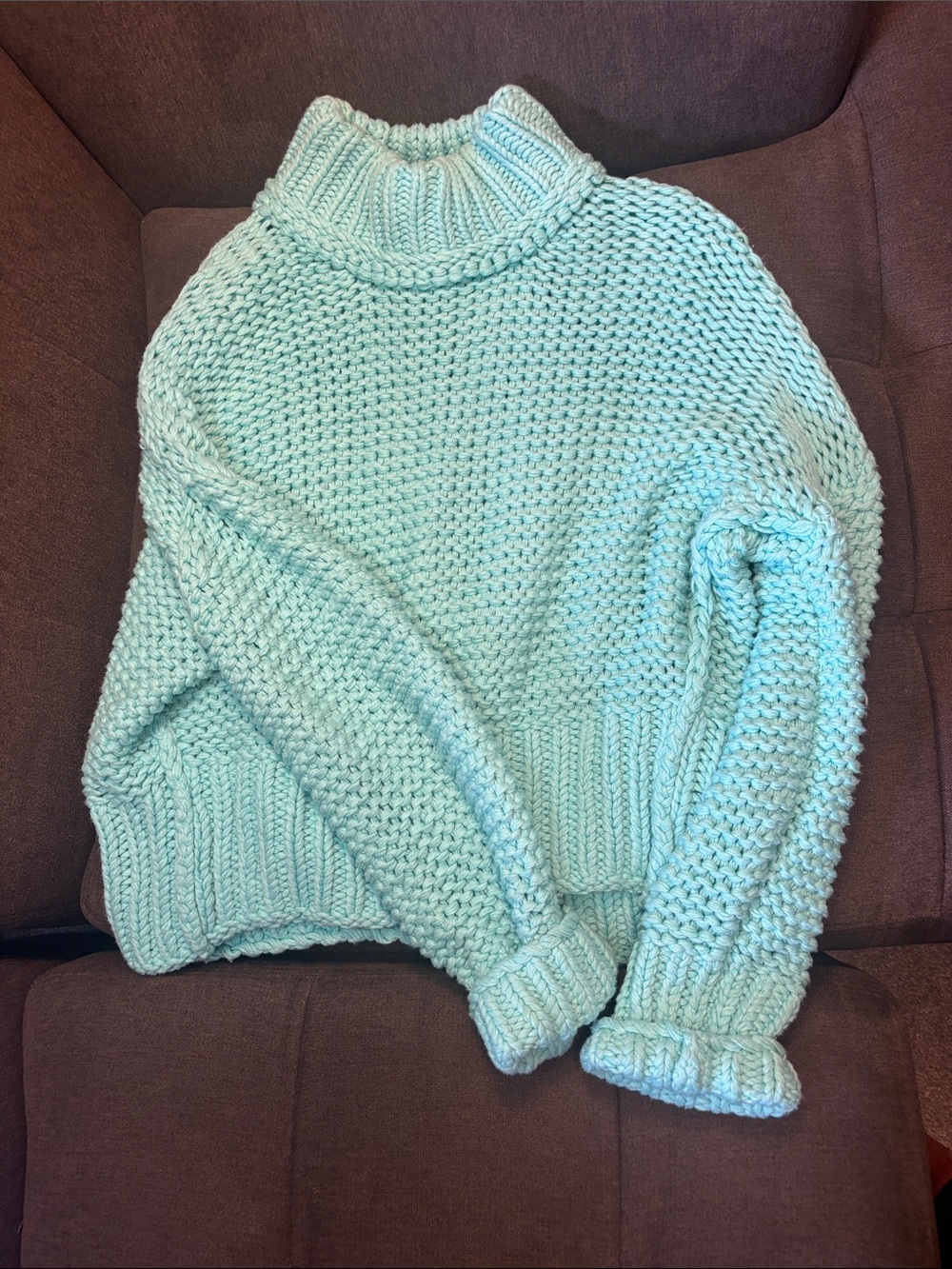 Free People Mint Green Turtleneck Chunky Knit Sweater